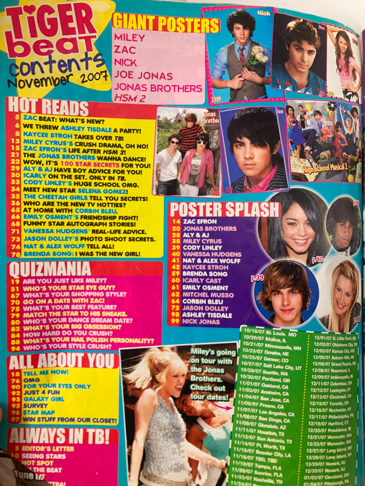 Contents page of Tiger Beat Magazine November 2007 showcasing posters of Nick Jonas, Zac Efron, and other popular teen idols along with a quiz and trivia sections.
