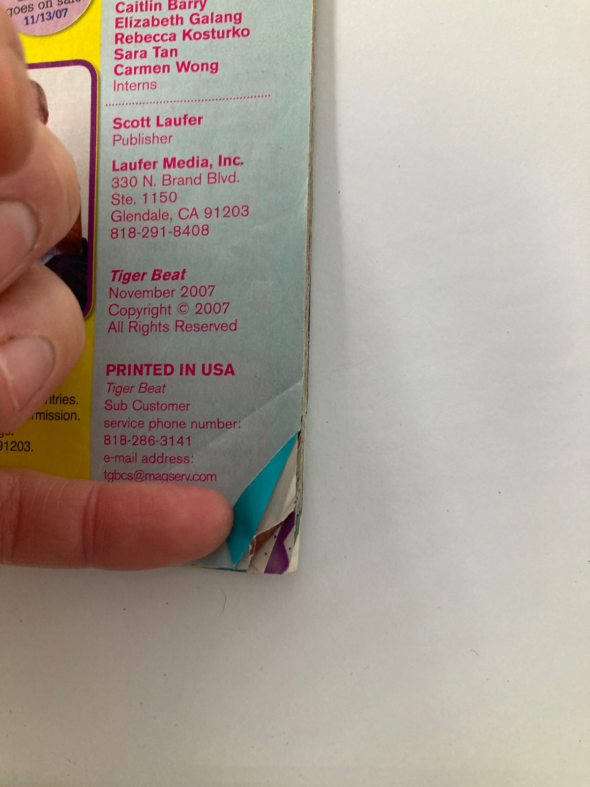 Back cover of Tiger Beat Magazine November 2007 showing the magazine's printing details and an image of a torn corner.