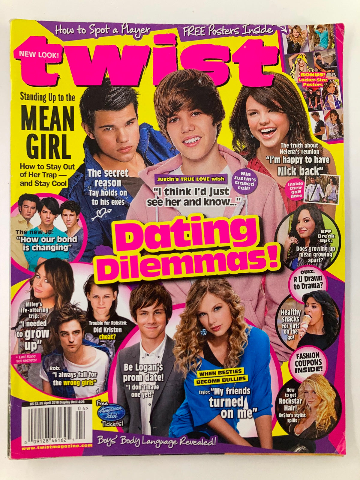 Cover of Twist Magazine April 2010 featuring Selena Gomez and Justin Bieber with the headline 'Dating Dilemmas!' and vibrant colors showcasing various teen celebrities.