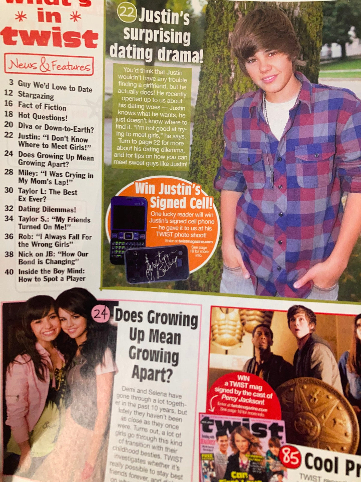 Twist Magazine April 2010 featuring Selena Gomez and Justin Bieber with a focus on Justin's dating drama and a contest to win his signed cell.