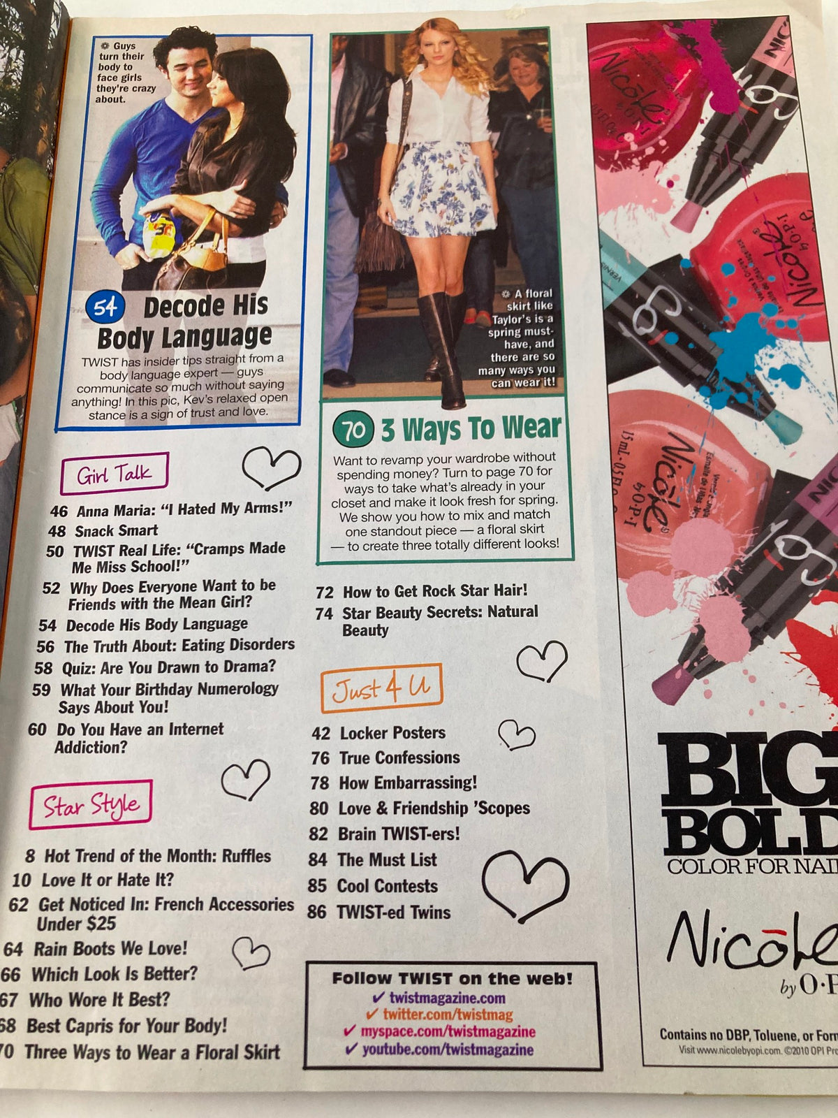 Twist Magazine April 2010 showcasing Selena Gomez and Justin Bieber with tips on body language and fashion for teens.