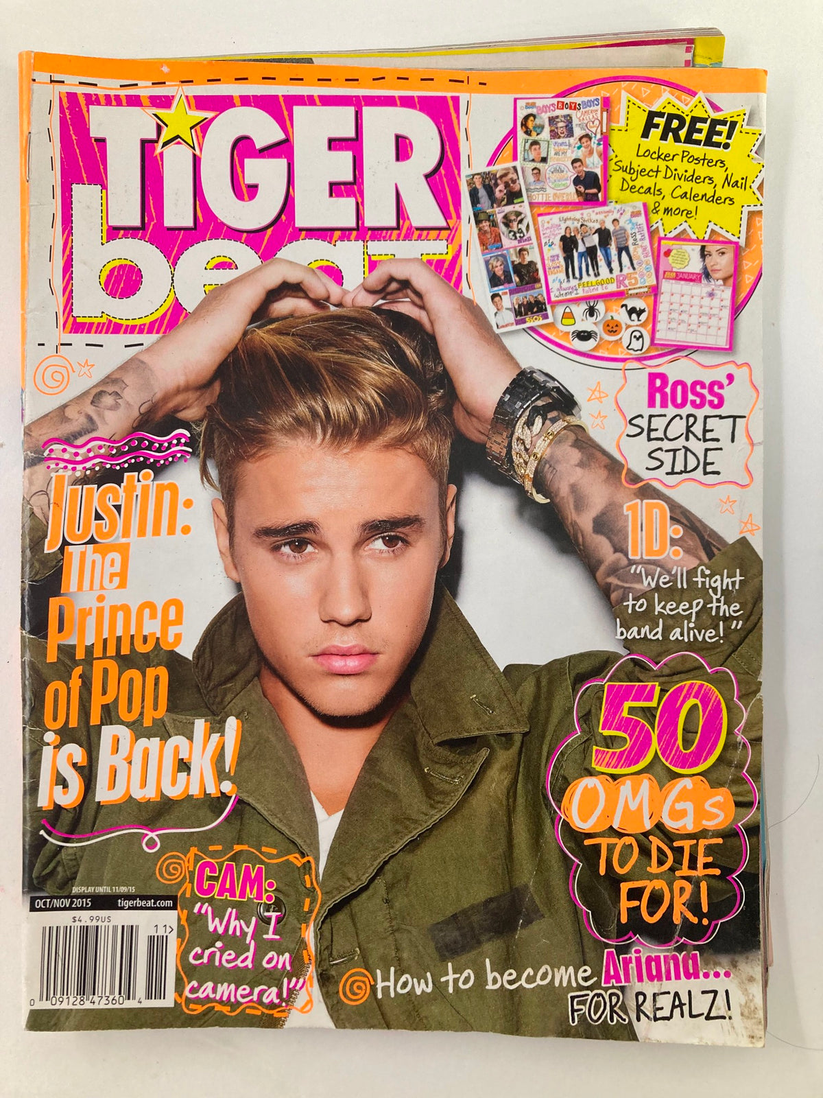 Tiger Beat Magazine October 2015 cover featuring Justin Bieber as the 'Prince of Pop' with vibrant colors and eye-catching graphics.
