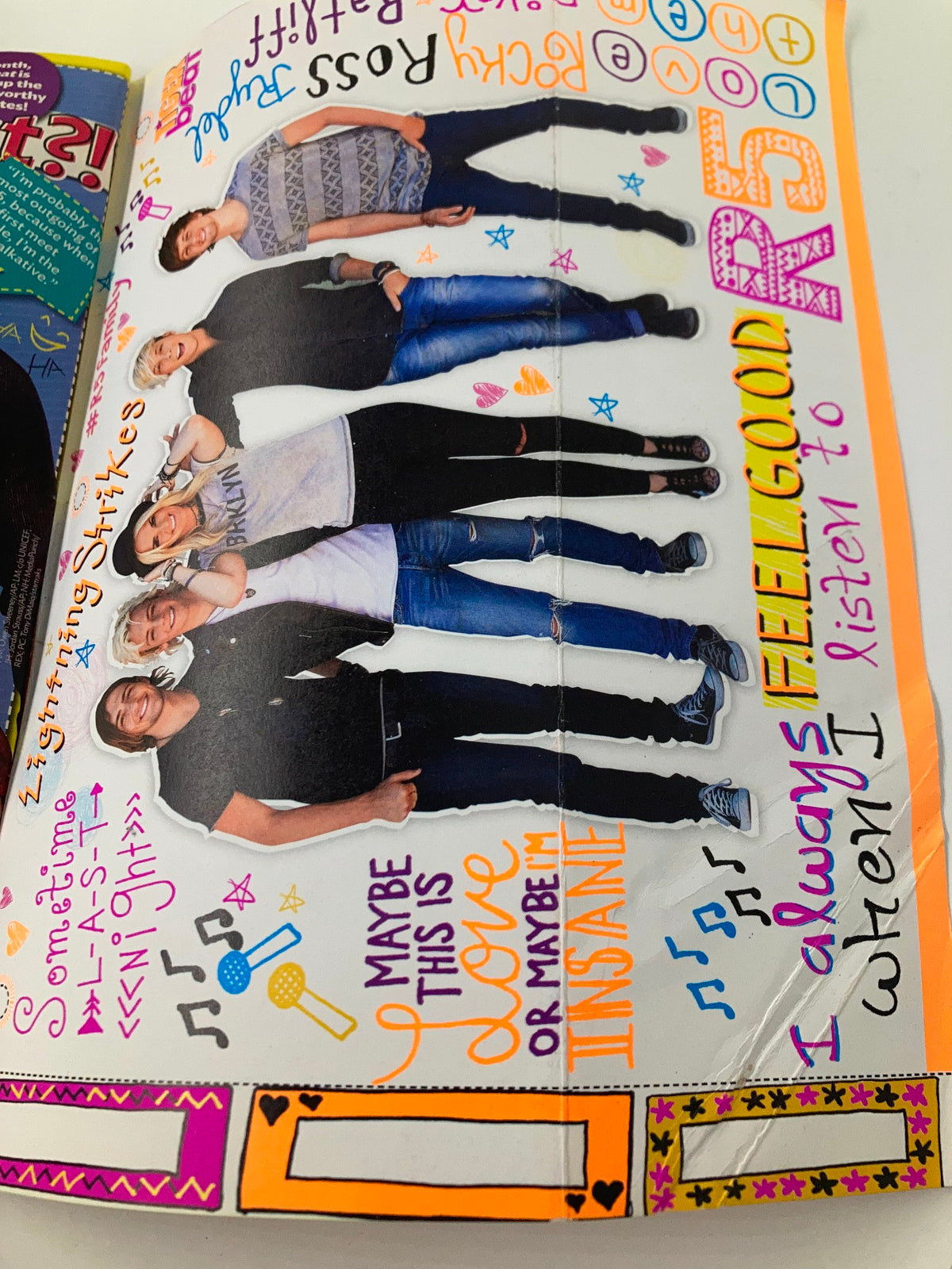 A collage from Tiger Beat Magazine October 2015 featuring the band R5 with colorful doodles and text reflecting fan culture.
