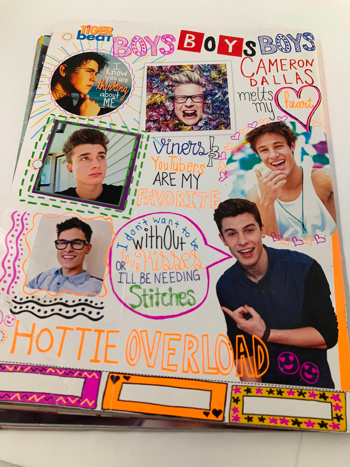 Cover of Tiger Beat magazine featuring popular male celebrities, including Cameron Dallas and other social media stars, showcasing vibrant, colorful graphics and playful annotations related to fandom.