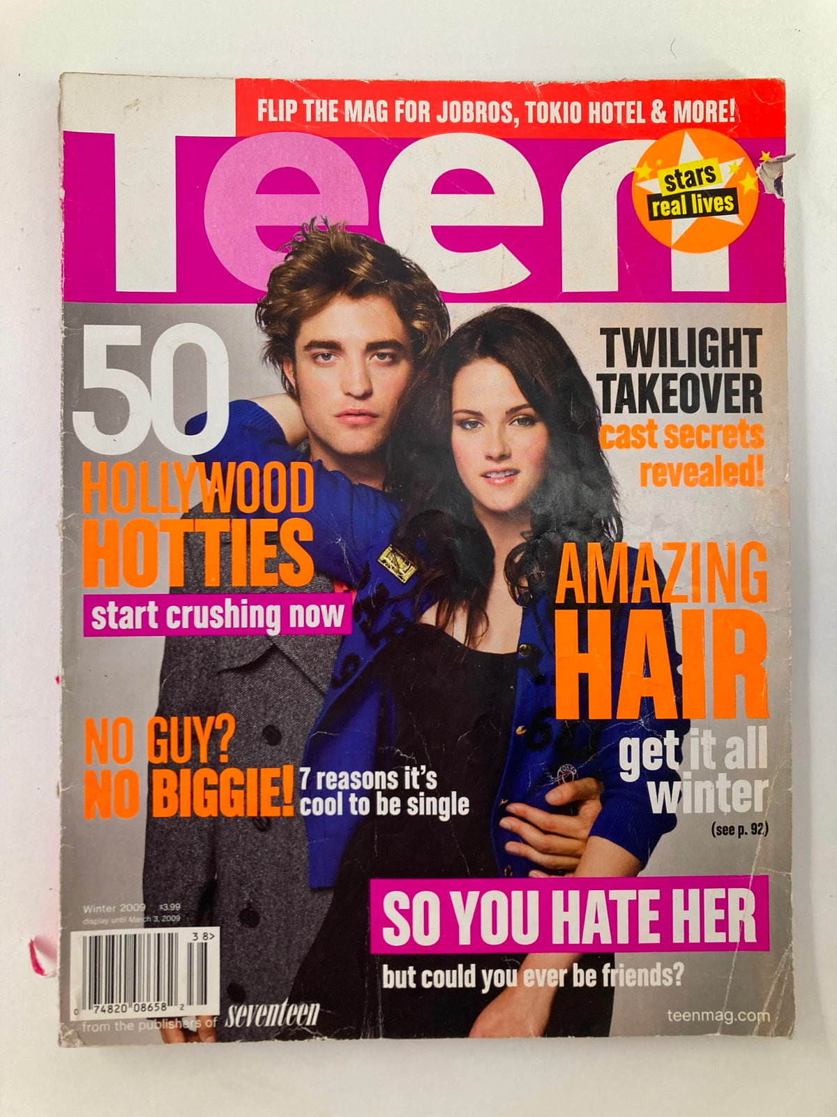 Teen Magazine Winter 2009 featuring Robert Pattinson and Kristen Stewart on the cover, showcasing Twilight-themed content and popular culture highlights.