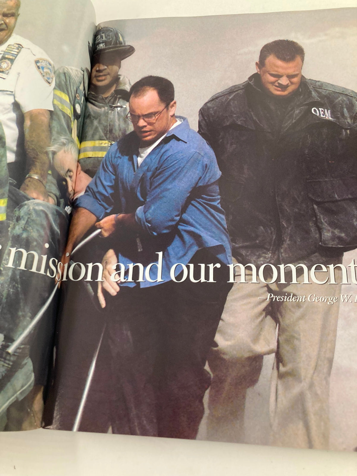 Inside page of Newsweek Magazine Fall 2001 The Spirit of America, featuring President George W. Bush during a moment of crisis and solidarity following the September 11 attacks.