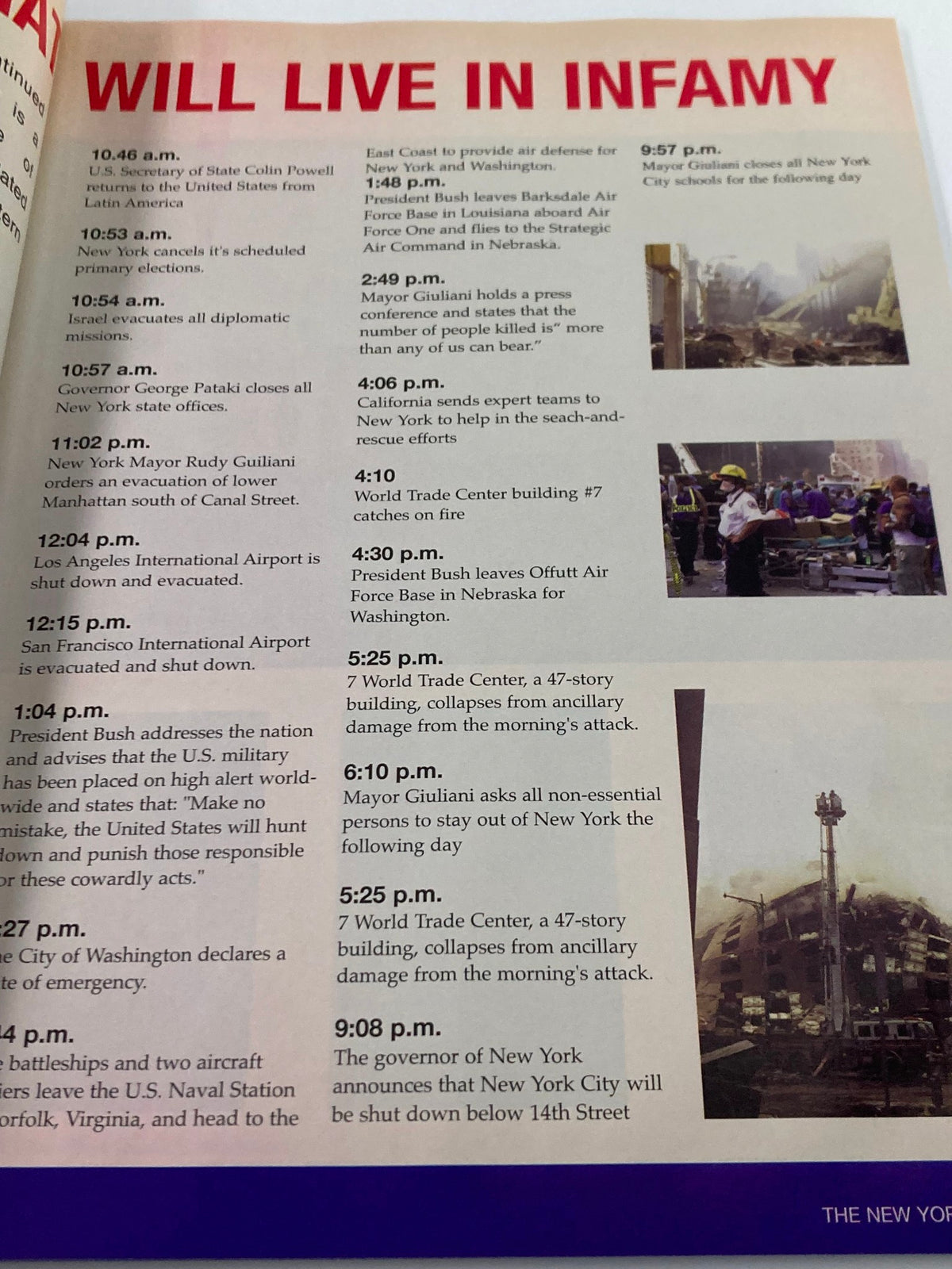 Page from 'September 11 2001 Standing Strong: The Spirit of New York' outlining significant moments and responses during the attacks, highlighting leadership and emergency measures.