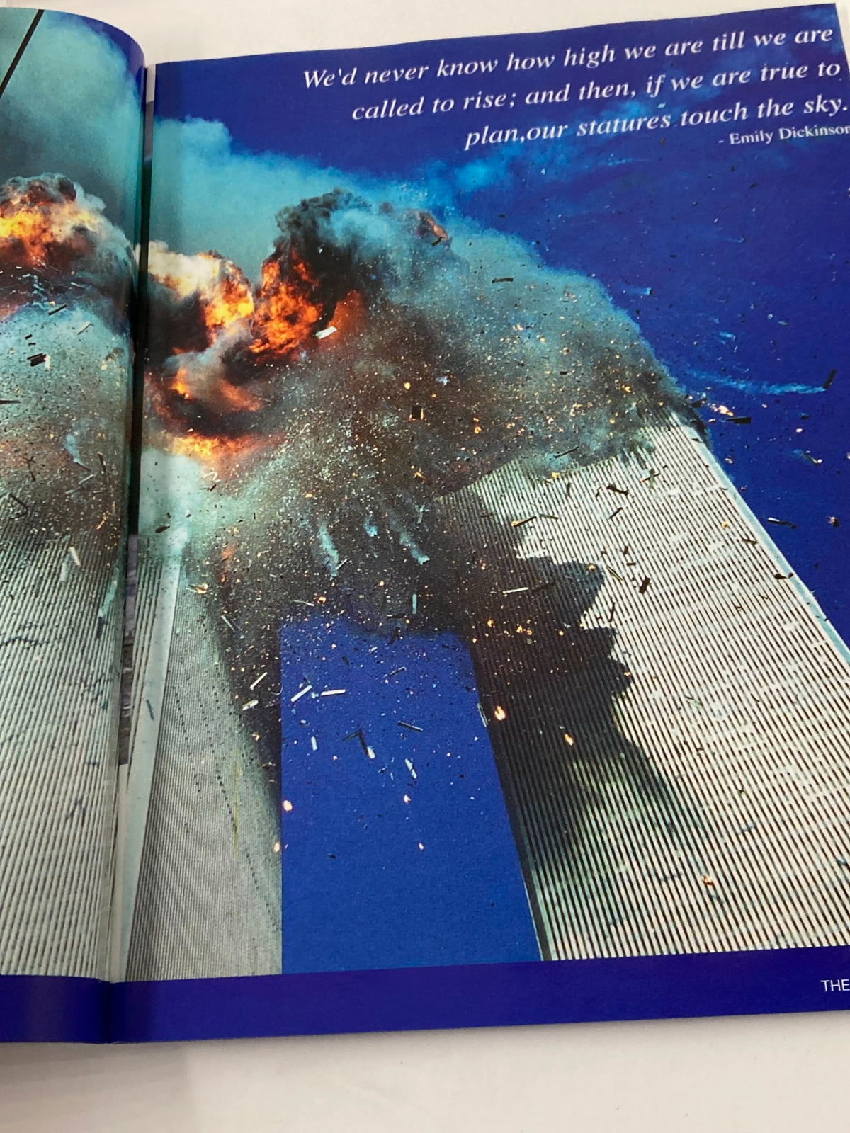 September 11 2001 Standing Strong: The Spirit of New York - An intense close-up image capturing the moment of impact and explosion at the World Trade Center on September 11, 2001.