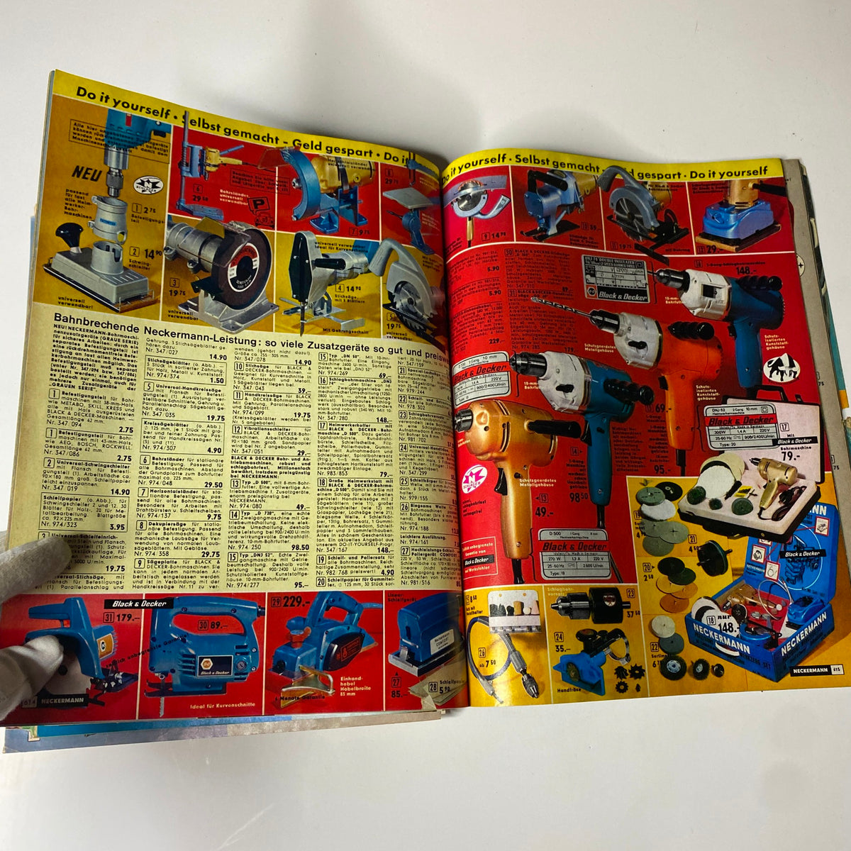 Page from the 1973 Neckermann Summer Catalog illustrating a selection of power tools and DIY equipment, with detailed descriptions and pricing.