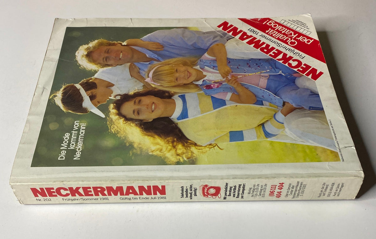 Side view of the 1981 Neckermann Summer Catalog showcasing a family in colorful summer outfits. The title banner 'NECKERMANN' prominently displayed on the spine.