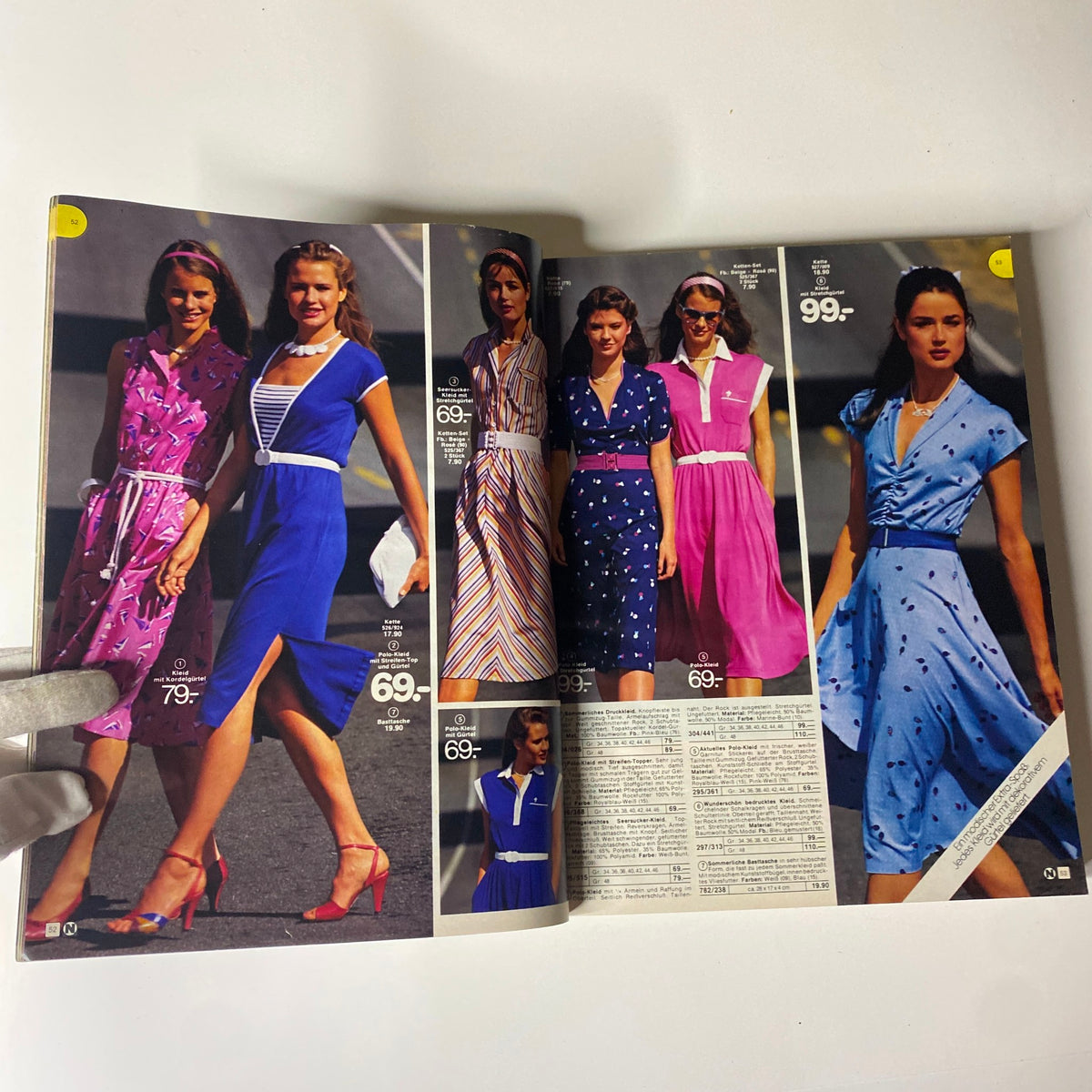 1981 Neckermann Summer Catalog featuring vibrant summer dresses for women in various styles, colors, and patterns. Highlights include a blue dress, pink dress, and striped dress, showcasing early 1980s fashion trends.