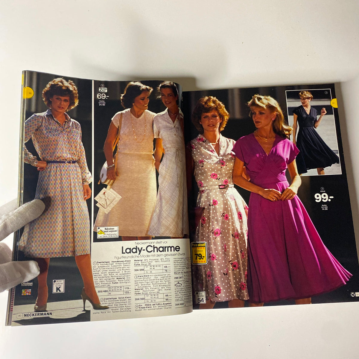 1981 Neckermann Summer Catalog displaying elegant clothing options for women, including dresses in floral and solid colors. Features a mix of styles perfect for summer occasions.