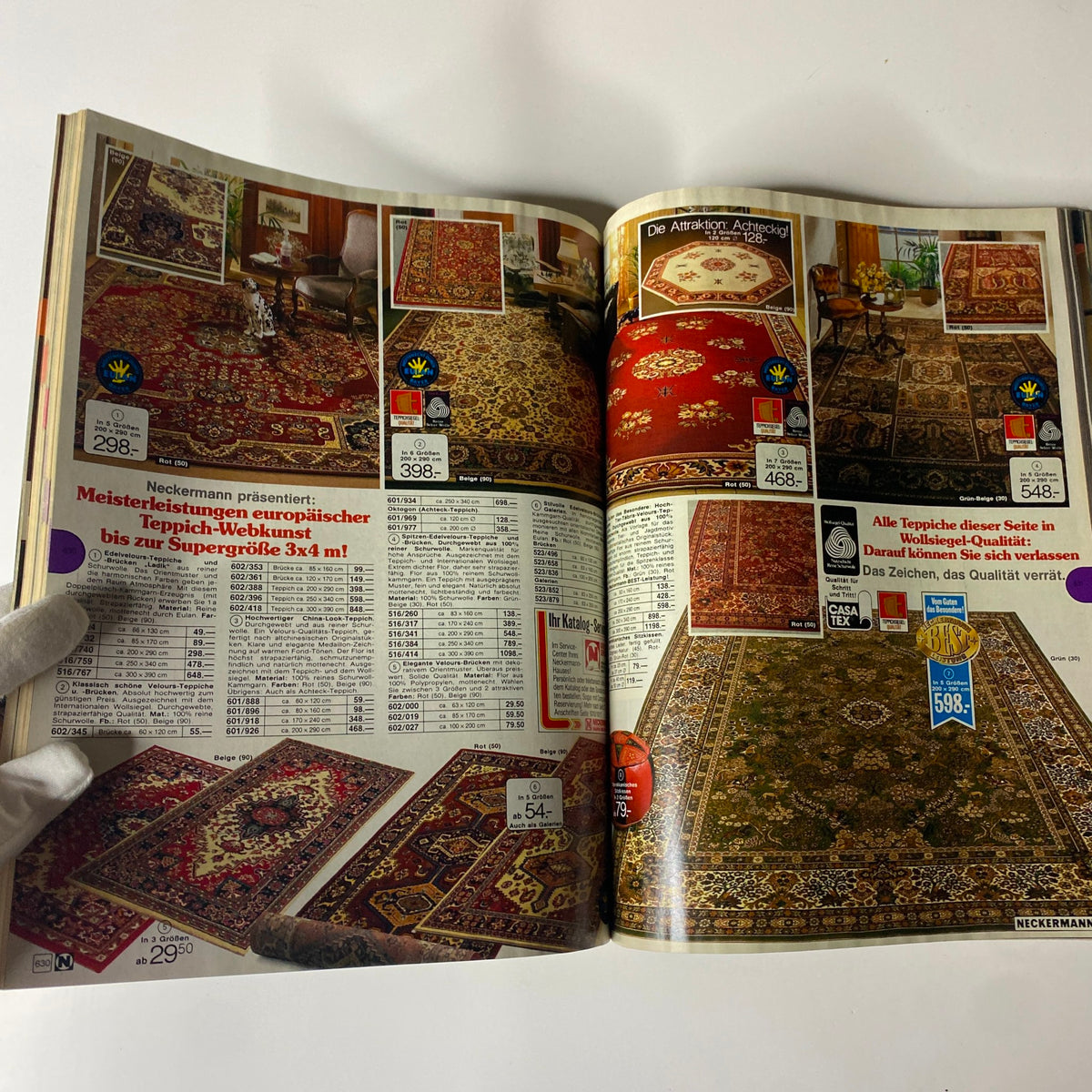 Interior pages of the 1981 Neckermann Summer Catalog showcasing European rugs with detailed pricing and descriptions, capturing the essence of early 1980s home decor.