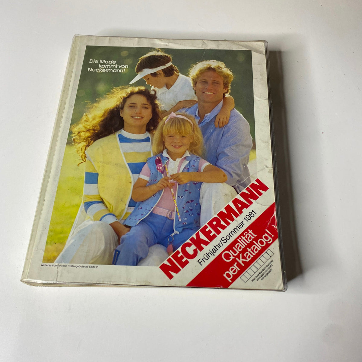 1981 Neckermann Summer Catalog featuring a family in casual spring and summer attire, showcasing early 1980s fashion trends, with vibrant colors and styles reflective of that era.