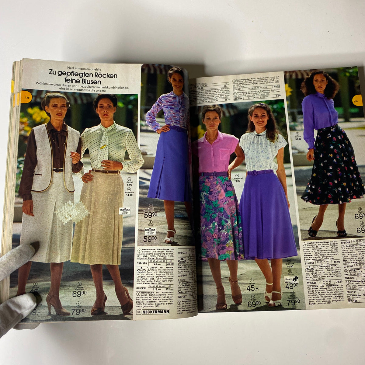 Another inside spread from the 1980 Neckermann Summer Catalog highlighting elegant women's blouses and skirts with price listings.