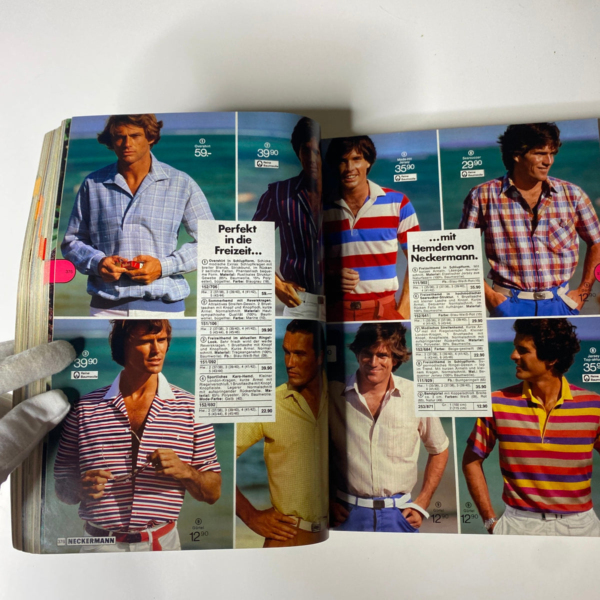 1980 Neckermann Summer Catalog featuring men's fashion styles by the beach, showcasing colorful shirts and shorts, perfect for vintage fashion enthusiasts.