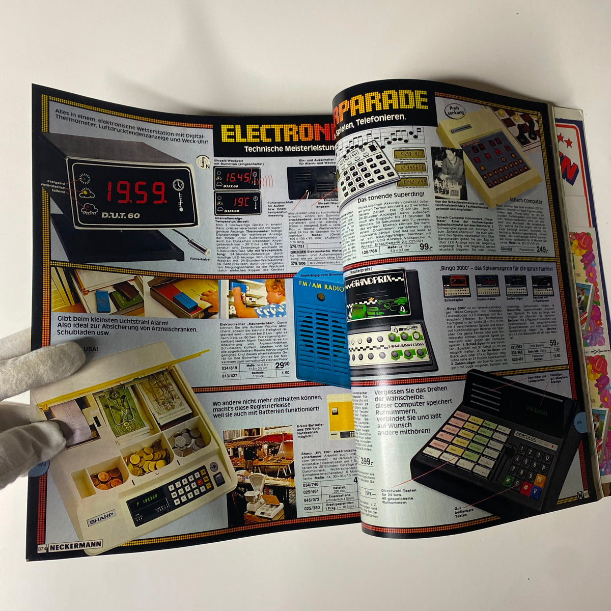 Inside page of the 1980 Neckermann Summer Catalog showcasing electronic devices like digital thermometers and games, highlighting retro tech trends from the early 1980s.