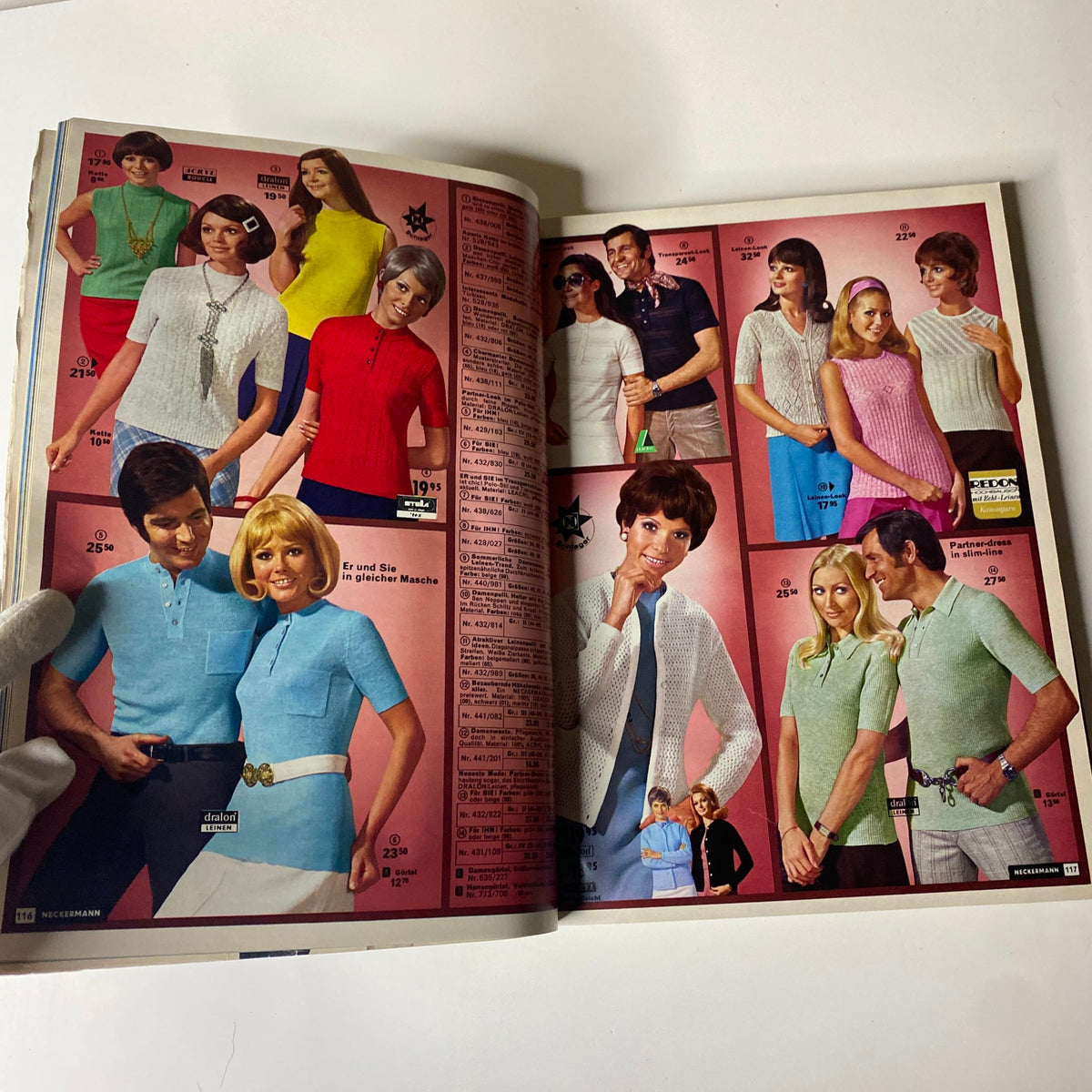 1970 Neckermann Summer Catalog featuring models in vibrant summer fashion, showcasing a variety of colorful clothing including t-shirts and dresses in an indoor setting.