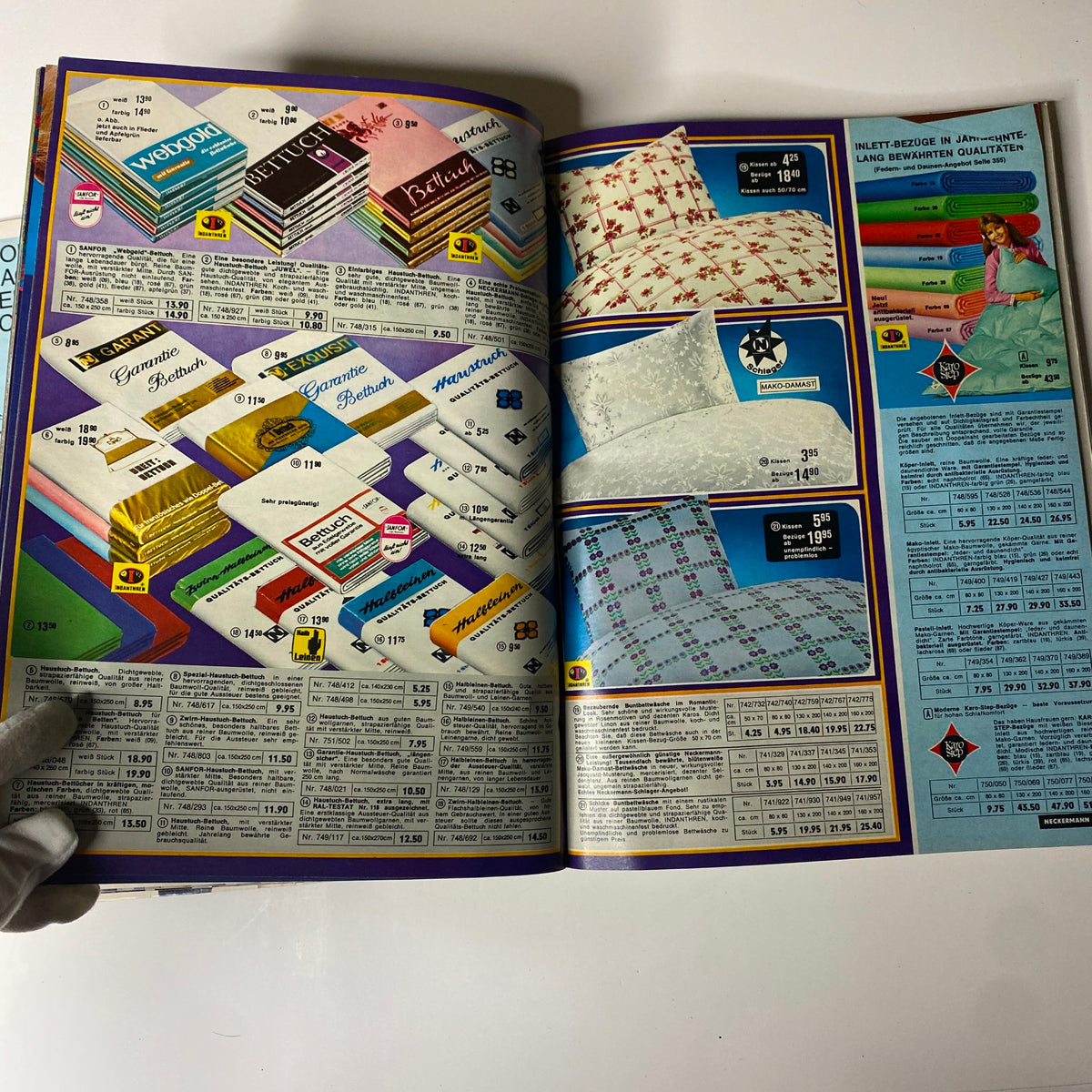 1970 Neckermann Summer Catalog displaying colorful bedding options, including pillows and bed covers, emphasizing diverse fabric patterns and prices for home goods.