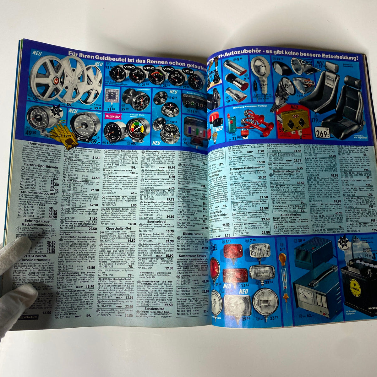 1970 Neckermann Summer Catalog featuring an array of automotive accessories, including wheels and gauges, displayed on a blue background.