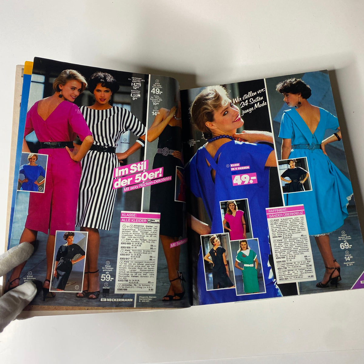 Open page of the 1984 Neckermann Summer Catalog featuring stylish dresses and accessories reflecting 1980s fashion trends.