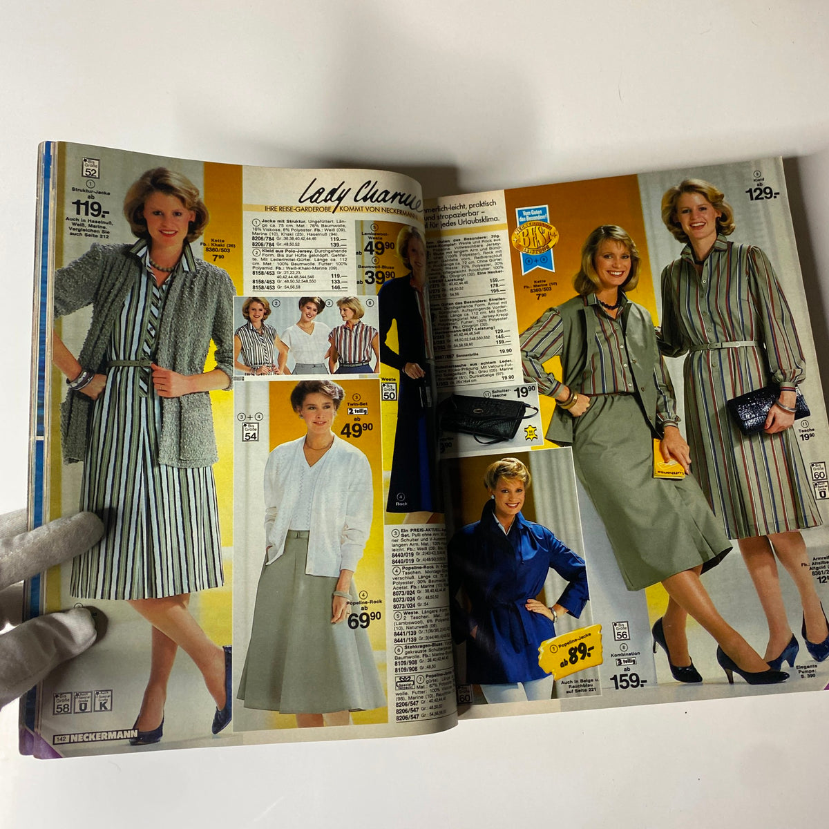 Open page of the 1984 Neckermann Summer Catalog showcasing elegant women's outfits, emphasizing retro style and seasonal trends.
