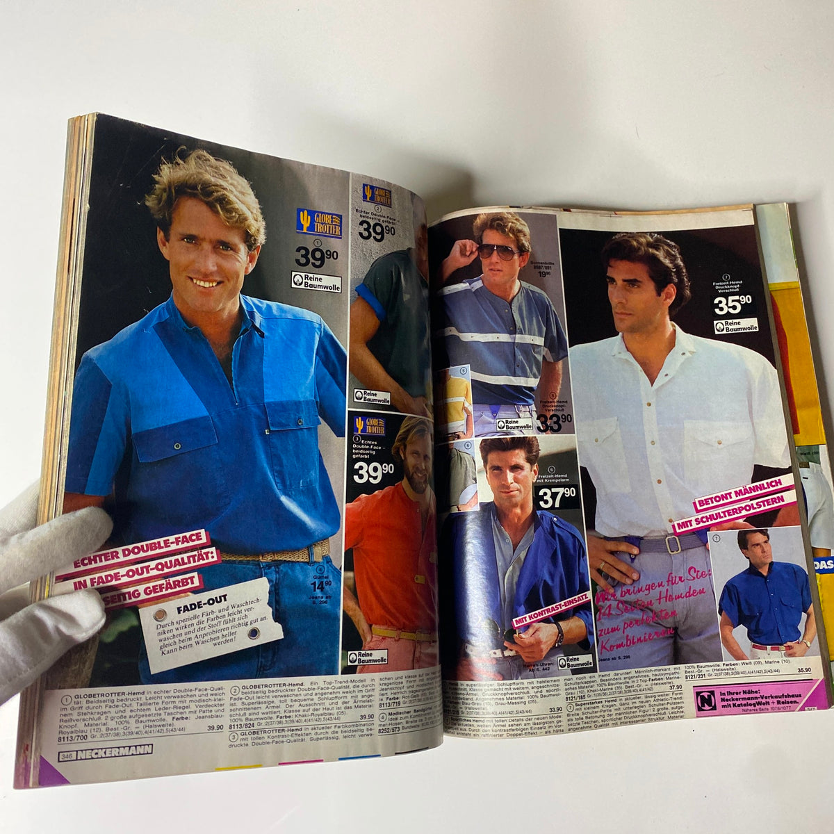 1984 Neckermann Summer Catalog showing stylish men's summer clothing including casual shirts and accessories, highlighting vintage fashion trends from Germany.