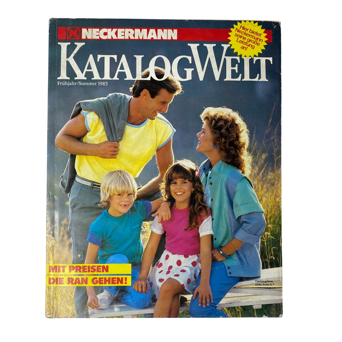 1983 Neckermann Summer Catalog cover featuring a family in colorful summer outfits. The image showcases a father and mother with their two children enjoying a sunny day, highlighting retro fashion from the early 1980s, with a vibrant backdrop.