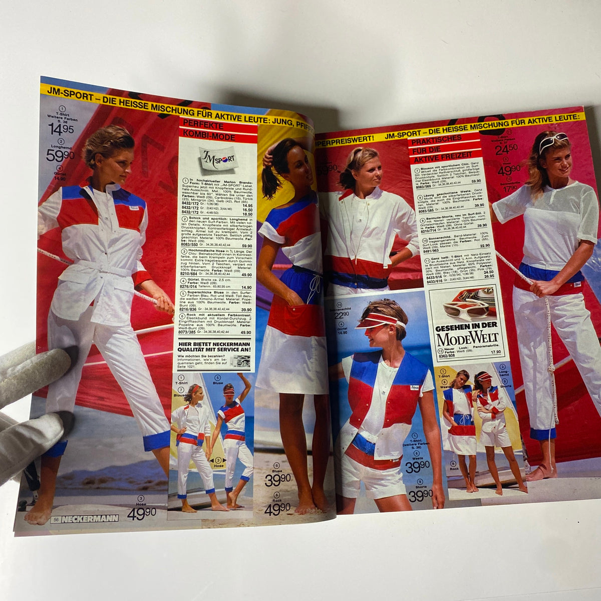 Open pages of the 1983 Neckermann Summer Catalog highlighting sportswear and activewear, featuring models in coordinated outfits ideal for outdoor activities during summer.
