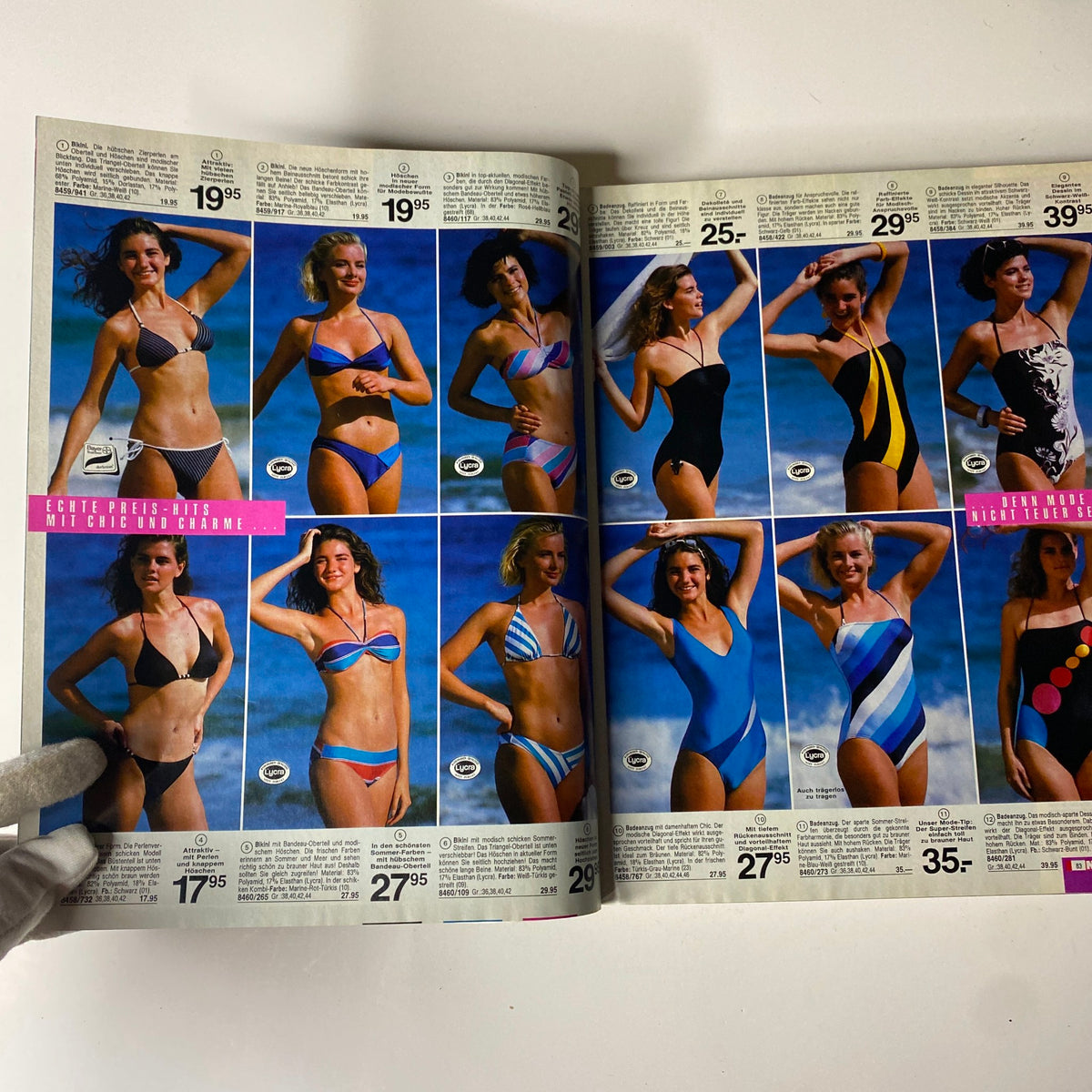 1985 Neckermann Summer Catalog presenting multiple women's swimwear styles for summer 1985 with prices listed.