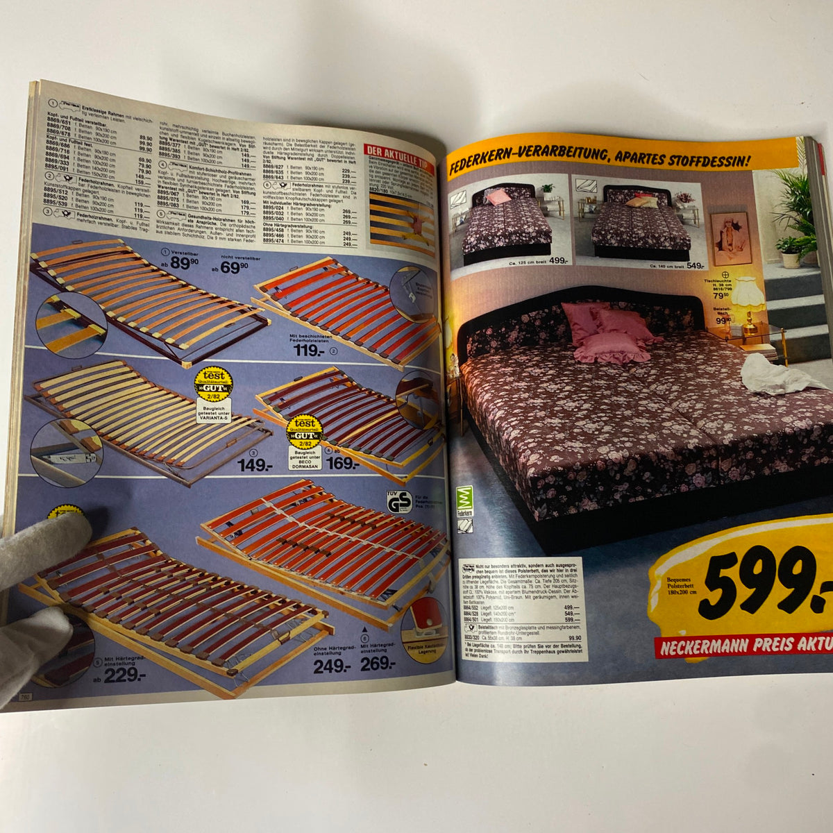 Page from the 1985 Neckermann Summer Catalog highlighting various bed frames and mattresses available in 1985, showcasing vintage furniture design.