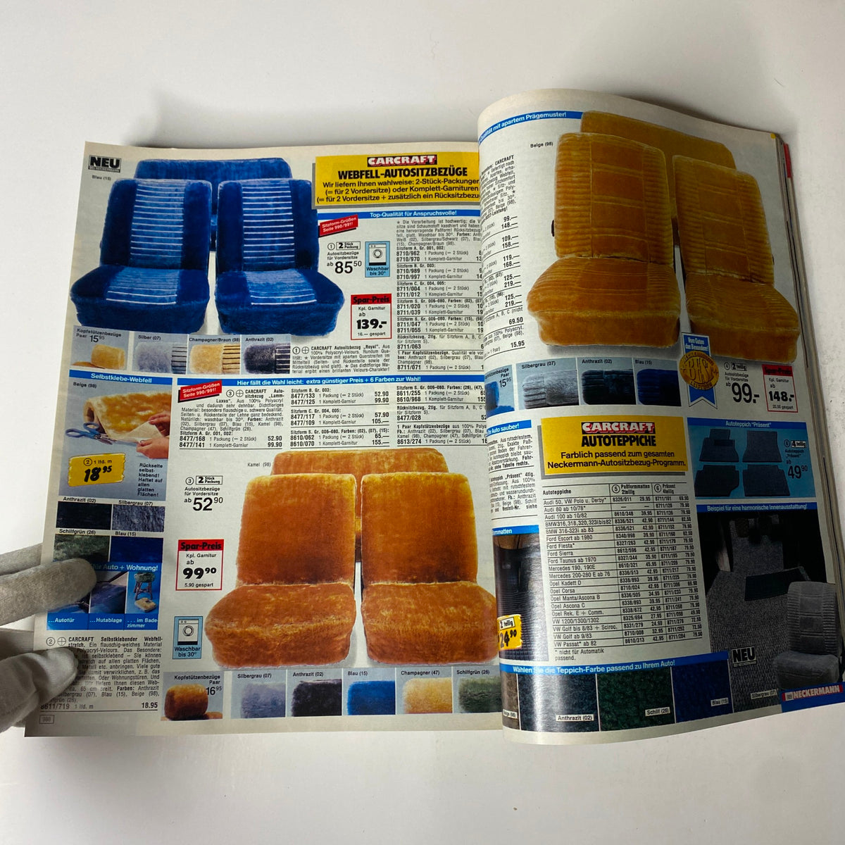 1985 Neckermann Summer Catalog showcasing vibrant seat covers in blue and yellow with pricing and specifications. A glimpse into mid-1980s German consumer trends and interior design.