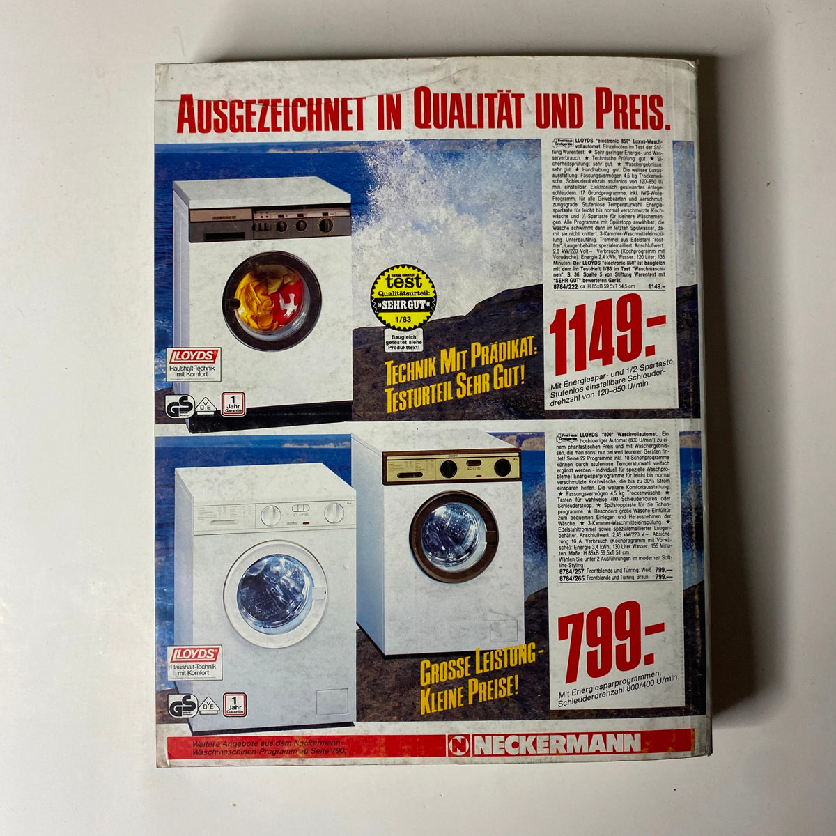 1985 Neckermann Summer Catalog displaying washing machines with prices and descriptions. Represents vintage home appliance offerings from the mid-1980s in Germany.