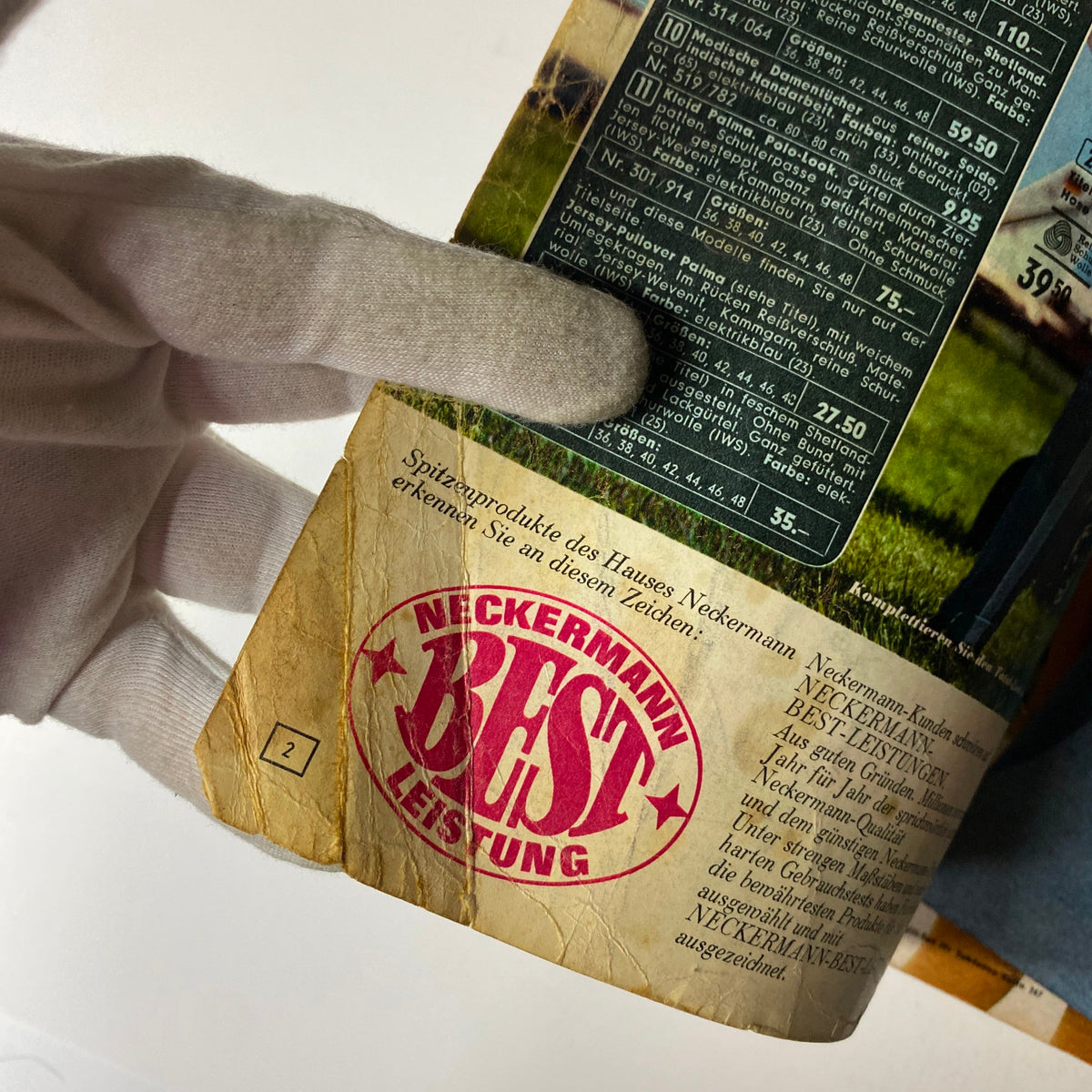 Close-up of a page from the 1969-1970 Neckermann Winter Catalog, featuring product listings with 'BEST LEISTUNG' logo, illustrating unique German consumer products.