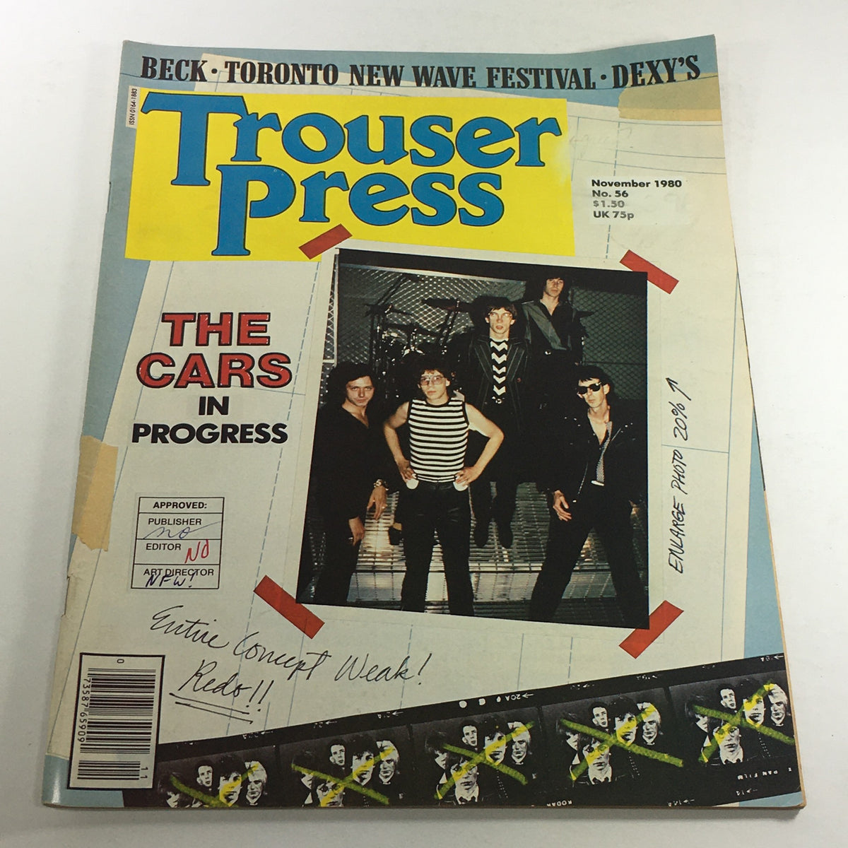 VTG Trouser Press Magazine: November 1980 featuring The Cars in Progress front cover, showcasing a group photo of the band with a vibrant design and classic music memorabilia style.