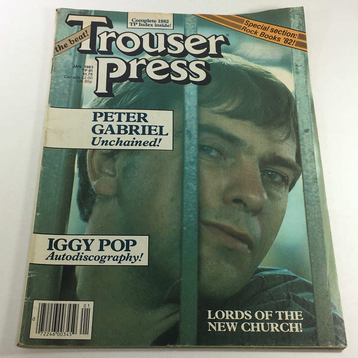 Cover of VTG Trouser Press Magazine from January 1983 featuring Peter Gabriel with the headline 'Unchained!' and additional mentions of Iggy Pop and Lords of the New Church.