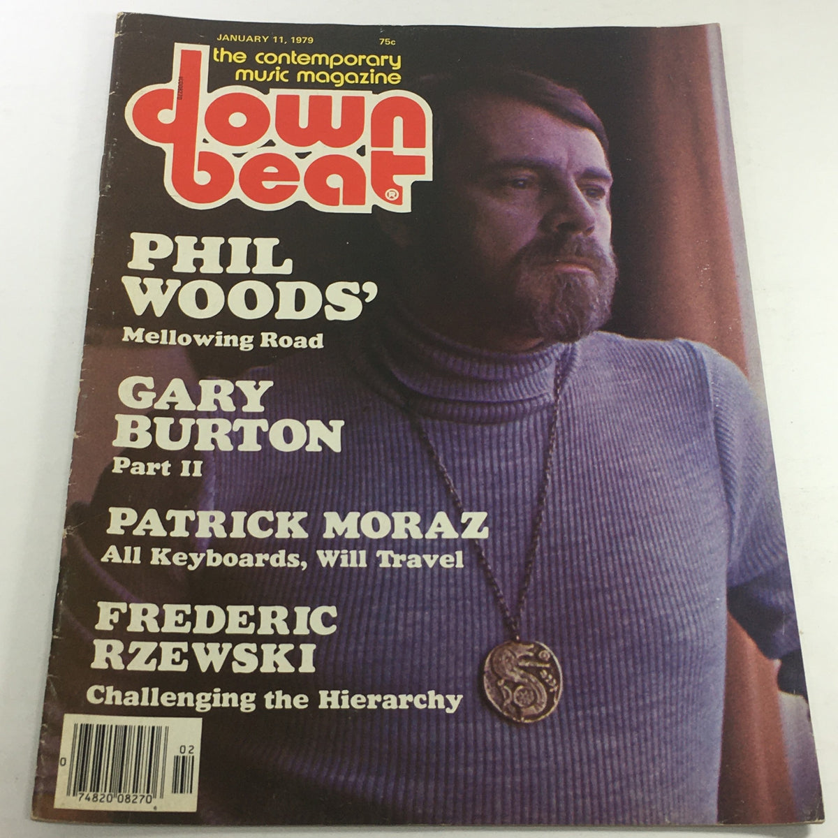 Cover of Down Beat Magazine from January 11, 1979, featuring articles on Phil Woods, Gary Burton, and Patrick Moraz, highlighting the era of jazz music.