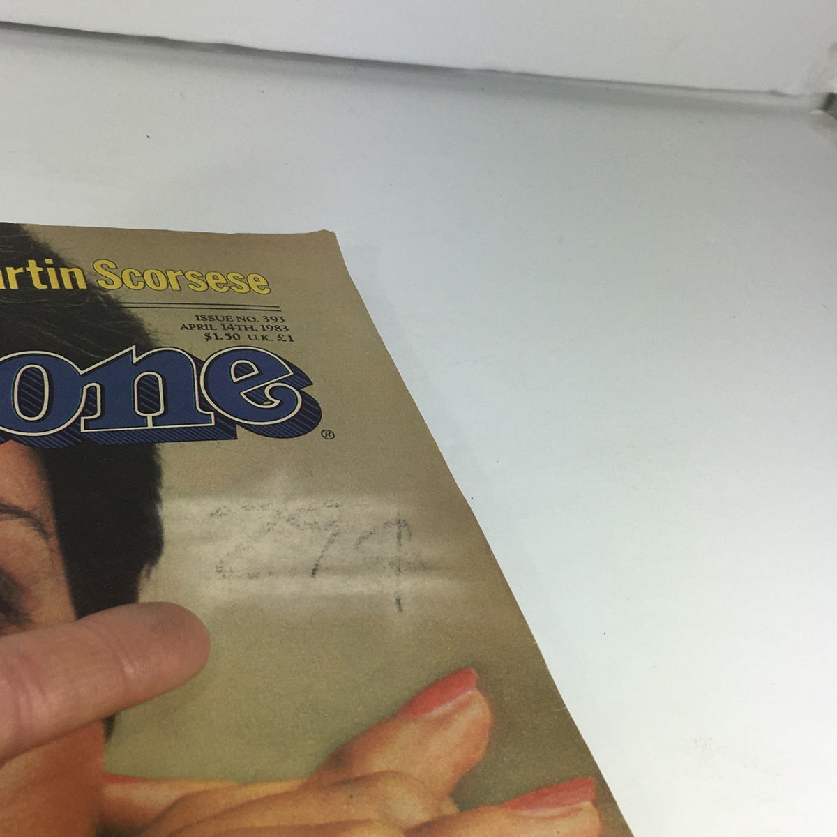 Detail of the front cover of the April 14, 1983 Rolling Stone Magazine with Joan Baez, showing issue number and additional information.