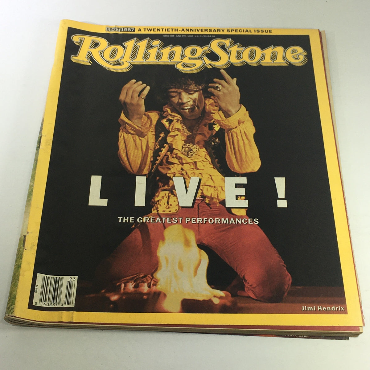Cover of the vintage Rolling Stone Magazine from June 4, 1987, featuring Jimi Hendrix, titled 'LIVE! THE GREATEST PERFORMANCES'. The image showcases Hendrix in a dynamic pose, reflecting the spirit of rock music.