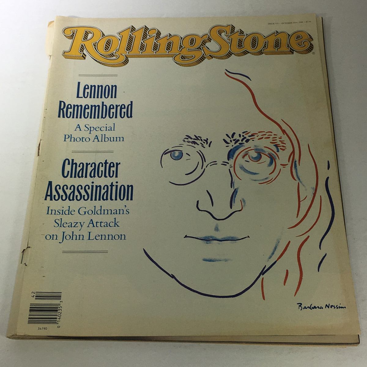 Vintage Rolling Stone Magazine cover featuring 'Lennon Remembered' special issue from October 20, 1988, highlighting John Lennon with accompanying artwork.