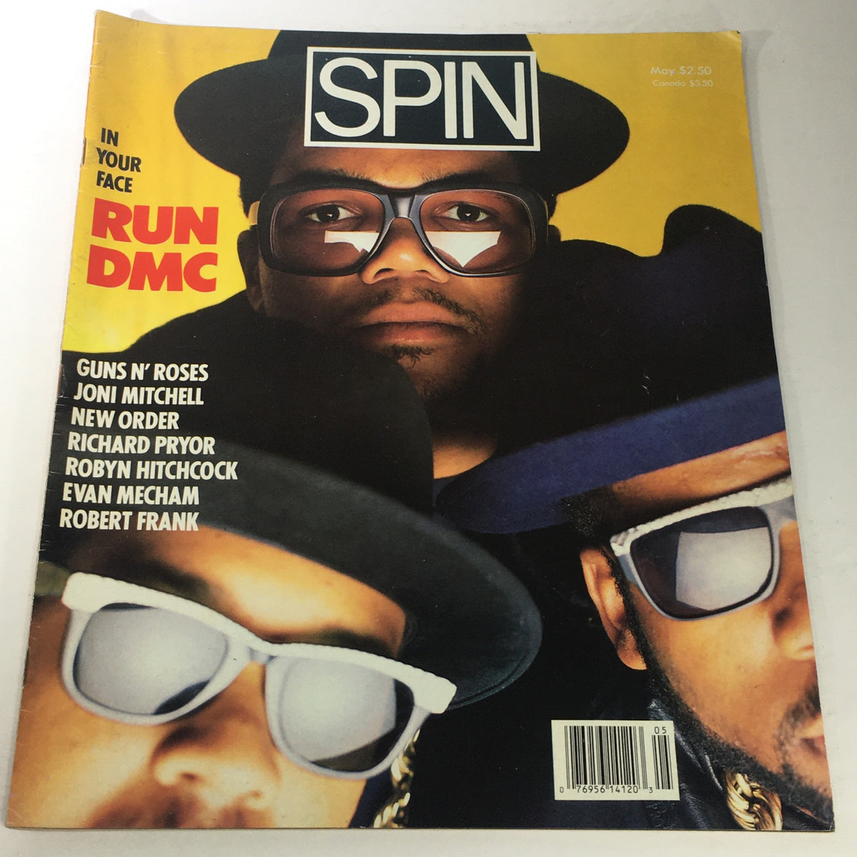Cover of VTG Spin Magazine from May 1988 featuring RUN DMC, along with mentions of Guns N' Roses, Joni Mitchell, and other notable artists.