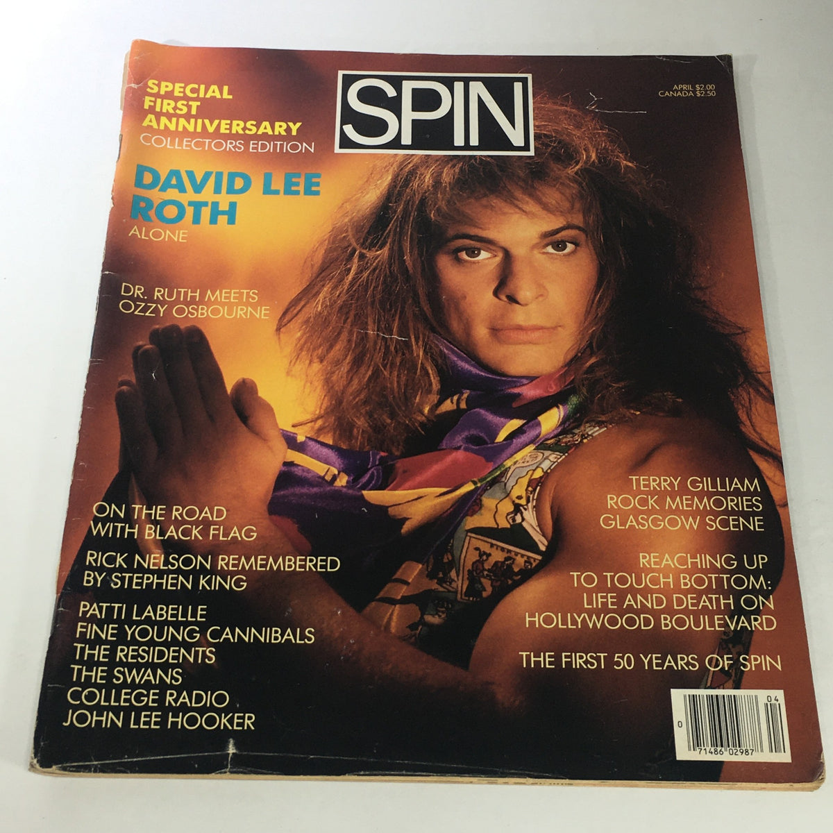 Vintage Spin Magazine from April 1986 featuring David Lee Roth on the cover with the text 'David Lee Roth Alone.' This collectible magazine also includes references to Ozzy Osbourne and highlights from the music scene of the 1980s.