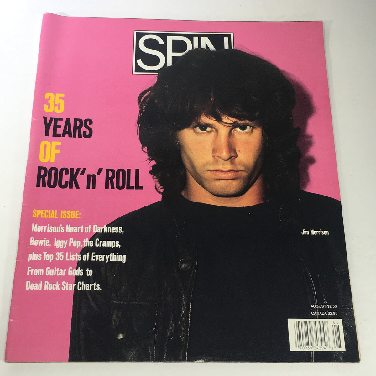Cover of Spin Magazine from August 1990 featuring Jim Morrison, commemorating 35 Years of Rock' n' Roll, with an iconic photograph and vibrant design.