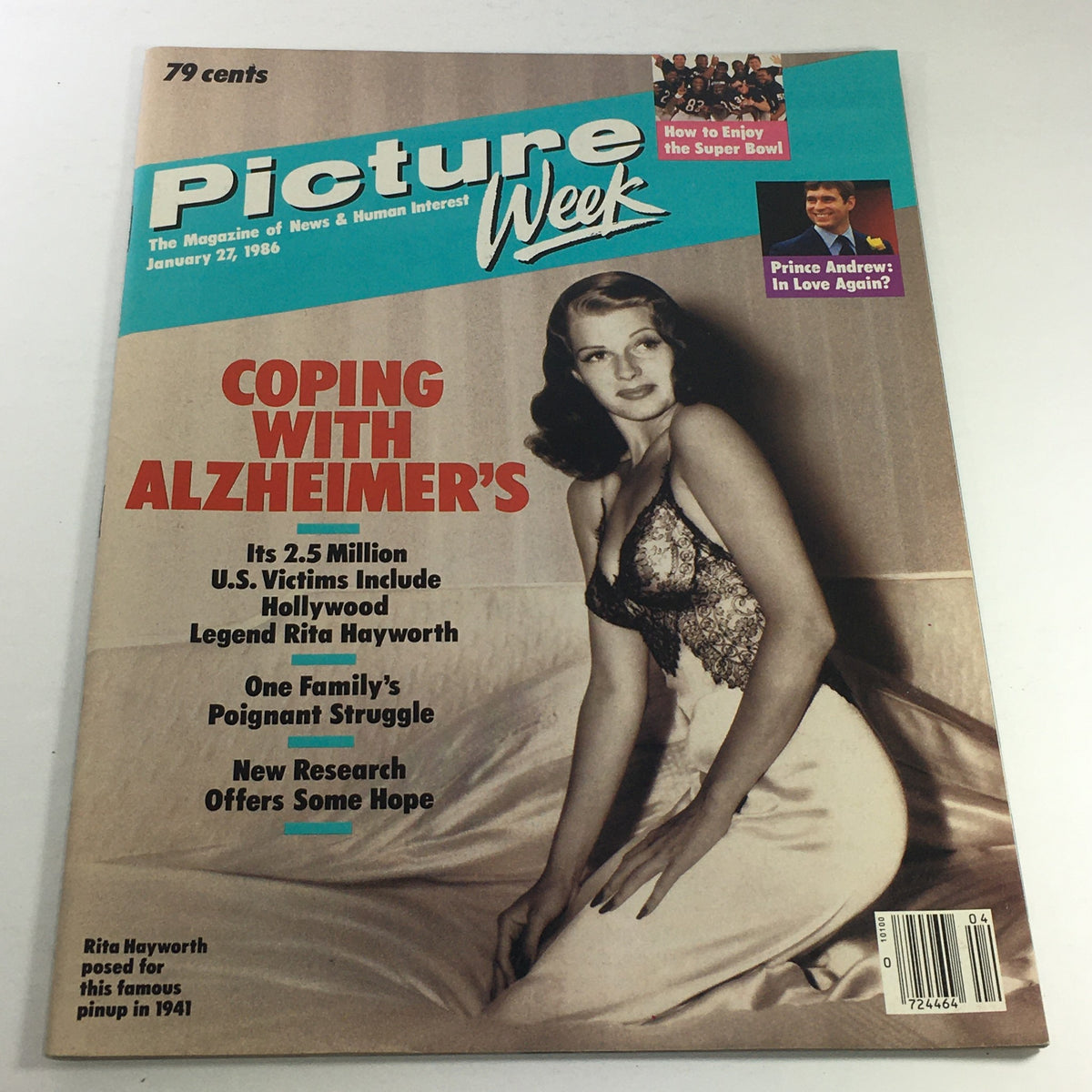 Cover of VTG Picture Week Magazine from January 27, 1986 featuring an iconic image of Rita Hayworth in a pinup pose from 1941. The magazine highlights topics including coping with Alzheimer's and features a vintage Hollywood aesthetic.
