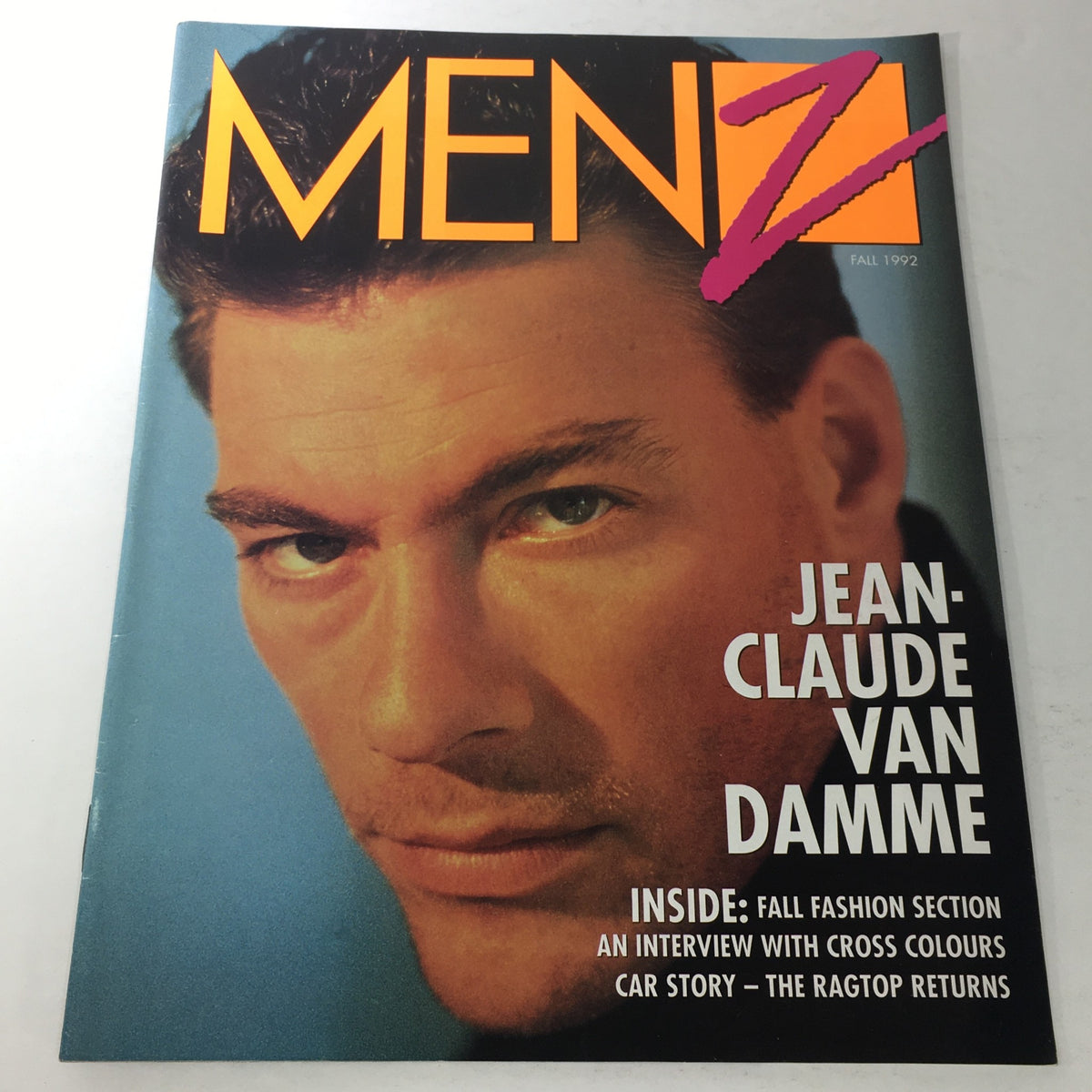 VTG Menz Magazine Fall 1992 featuring Jean-Claude Van Damme on the cover, showcasing the iconic action star with a striking gaze, perfect for collectors and vintage magazine enthusiasts.