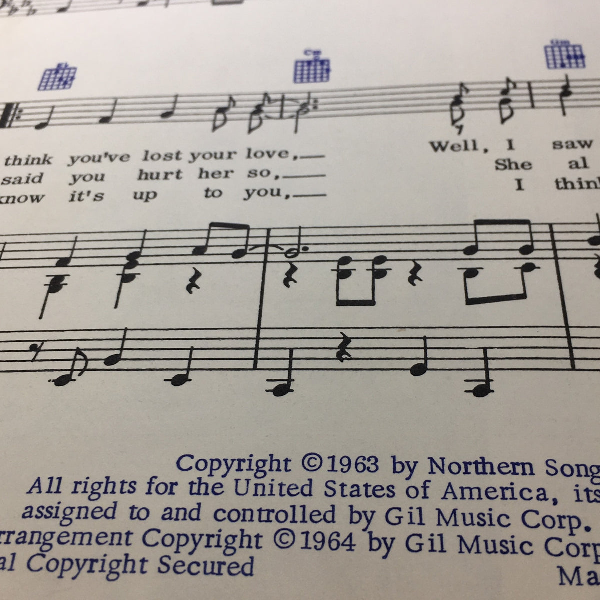 Interior page of the VTG The Beatle Book Souvenir Song Album displaying sheet music from 1963, showcasing the album's historical significance.