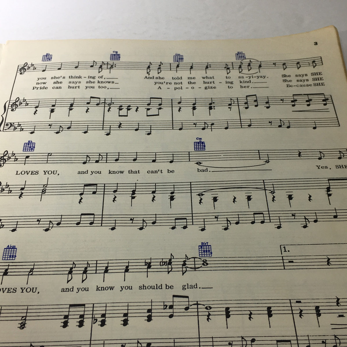 Continuation of sheet music for 'She Loves You' from VTG The Beatle Book Souvenir Song Album, highlighting The Beatles' iconic lyrics.