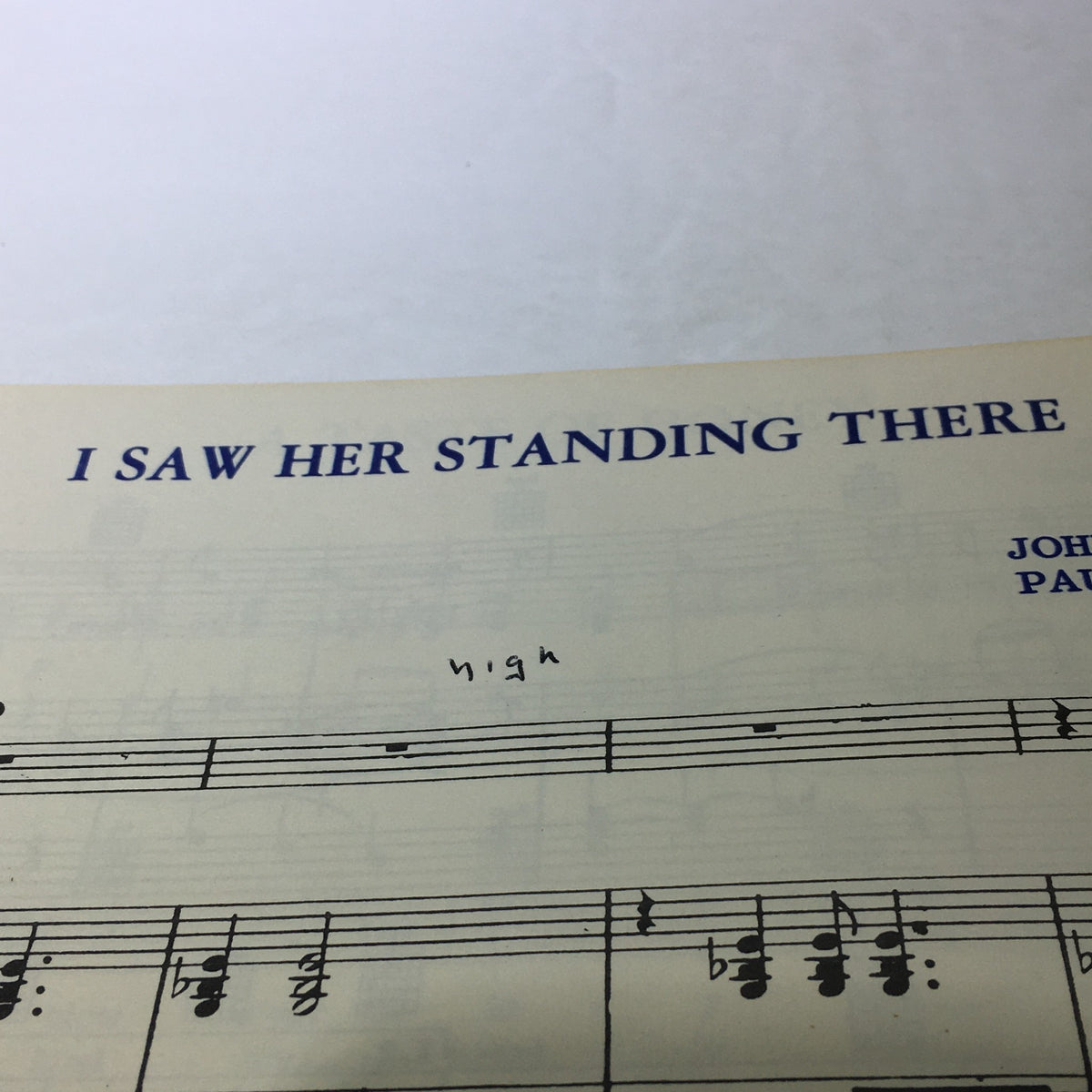 Close-up of the song sheet from VTG The Beatle Book Souvenir Song Album showing the title 'I Saw Her Standing There' and musical notes.