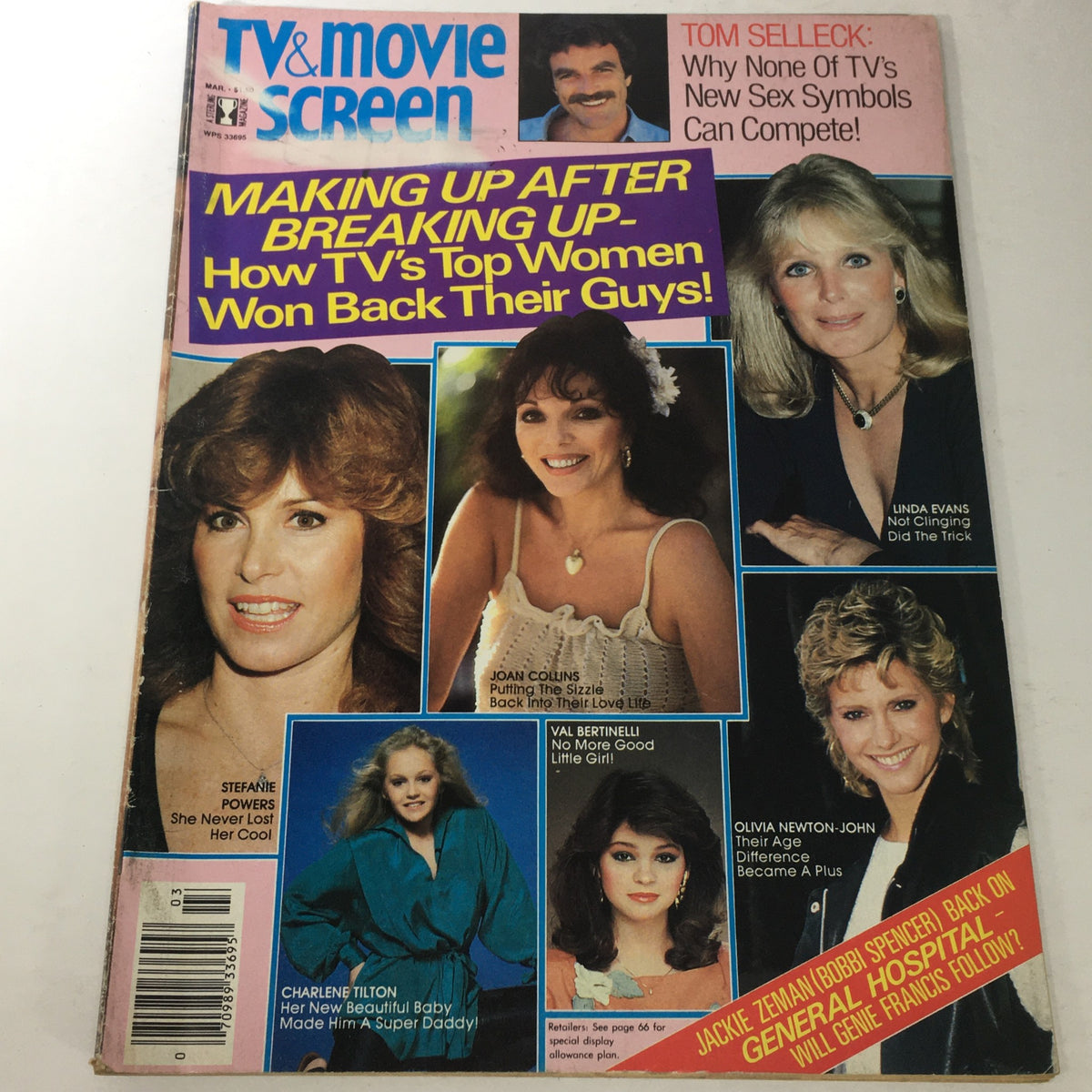 March 1983 issue of TV & Movie Screen featuring Joan Collins on the cover, highlighting articles about top women in television, including Linda Evans and others, showcasing nostalgia from early '80s entertainment.