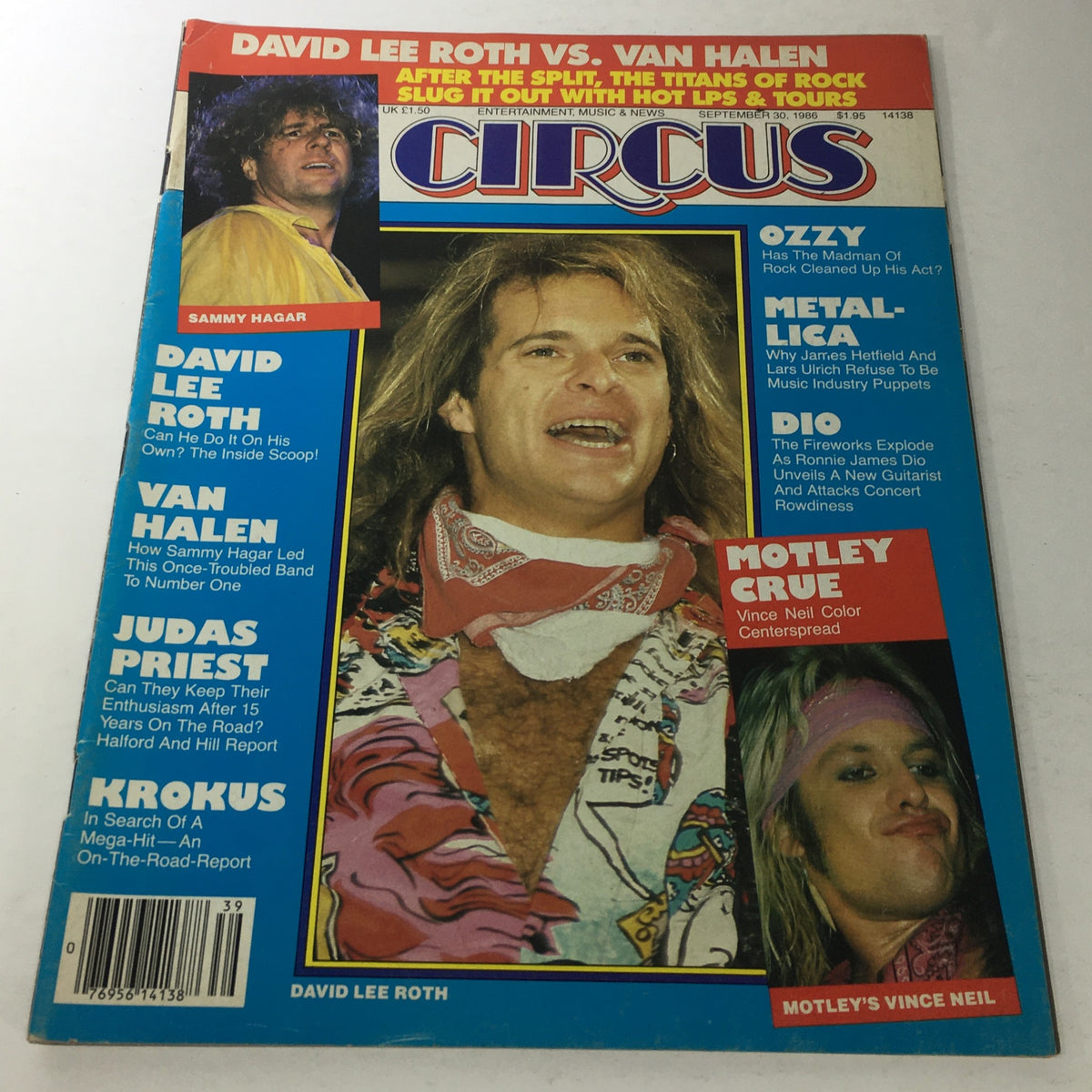 Cover of VTG Circus Magazine: September 30, 1986 featuring Sammy Hagar, David Lee Roth, Van Halen, and Motley Crue. Highlights include articles on heavy metal and rock music culture from the 1980s.